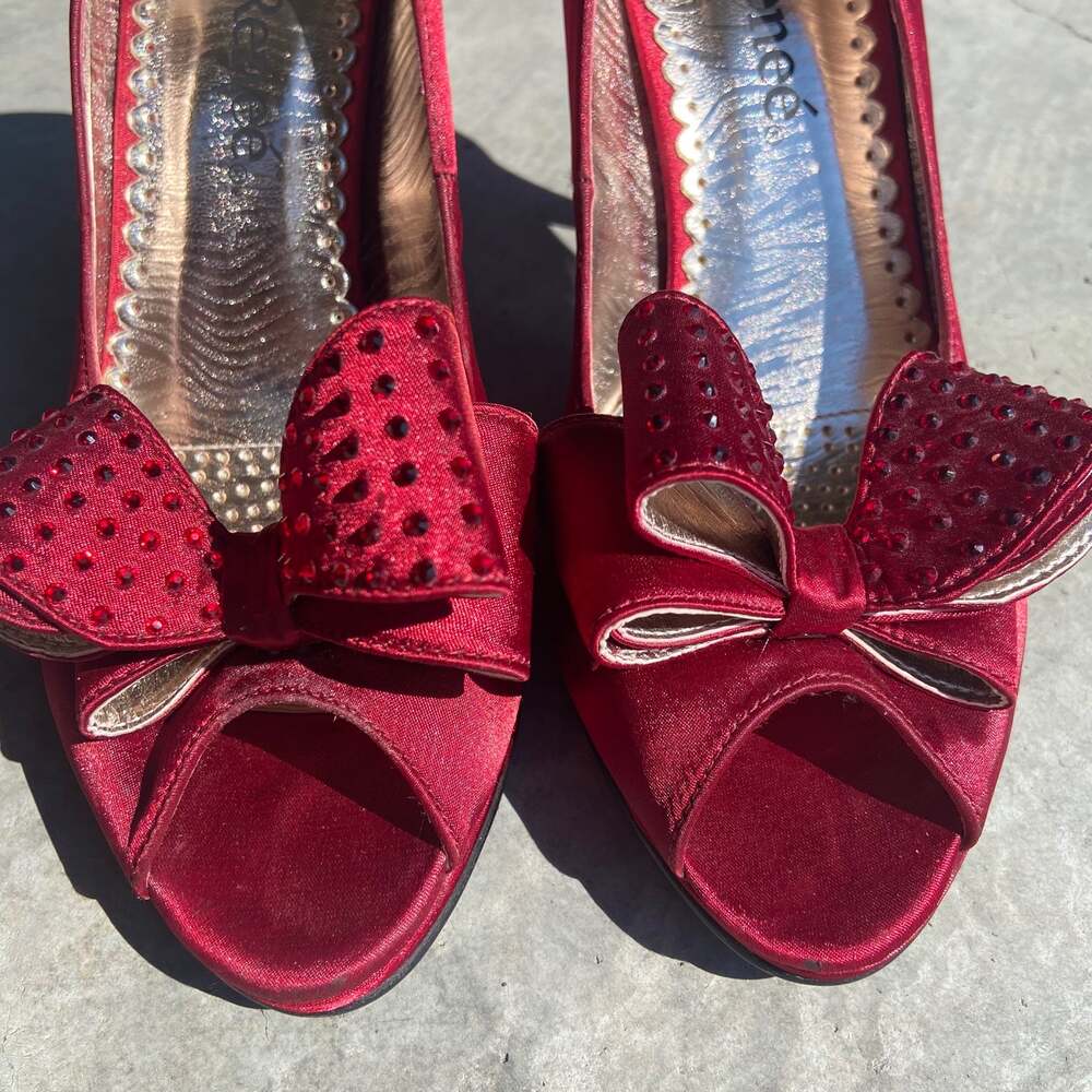 J. Reneé Ruby Red Rhinestone Bow Peep Toe Pumps - Picture 3 of 9
